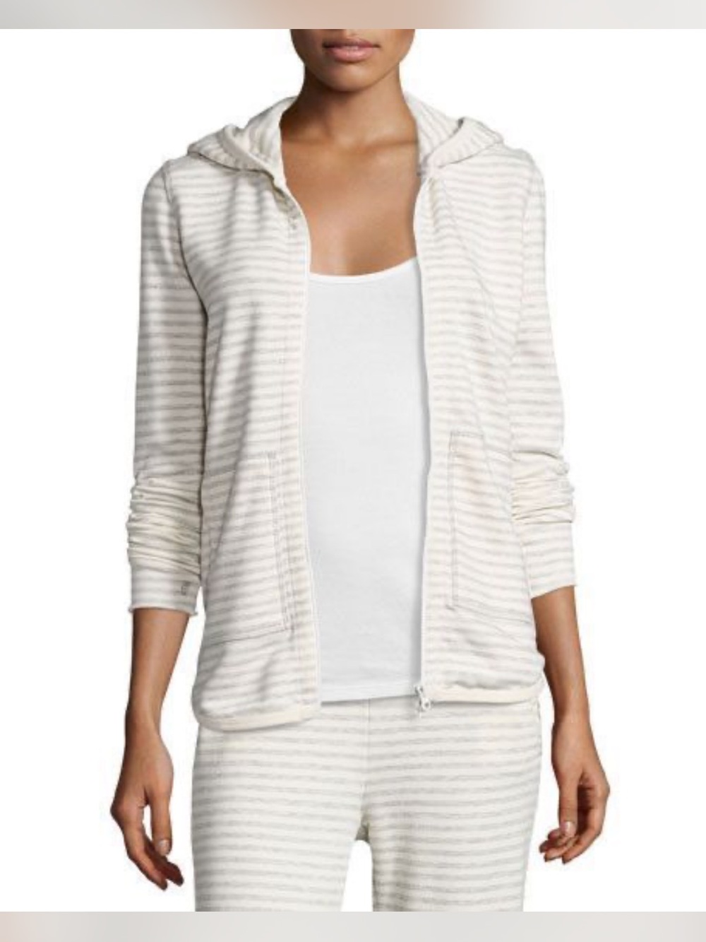 ATM Anthony Thomas Melillo Cream and White Striped Zip Hoodie